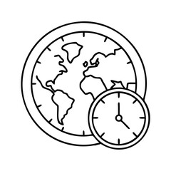 Outline illustration of a world map and clock symbolizing global time&hellip;