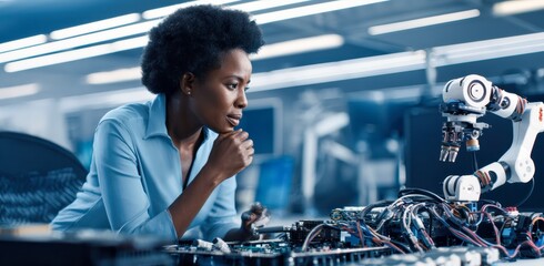 Female Engineer Innovating with Robot in High-Tech Laboratory for Future Technology Development