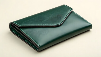 Elegant green leather wallet on cream background
