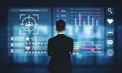 A professional businessman analyzes digital marketing performance data on a futuristic screen filled with graphs and charts, highlighting key metrics and targets. Gantry