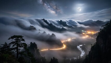 Full moon illuminating a dramatic mountain landscape with a winding road tracing through peaks and valleys, a thick layer of clouds flowing like a river below
