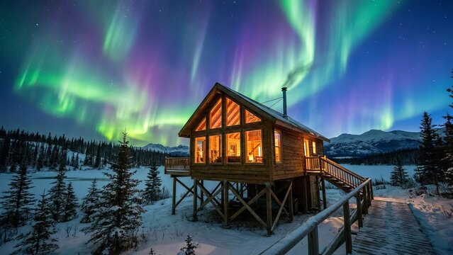 Cozy log cabin glowing warmly amidst a snowy winter landscape. Experiencing the vibrant green and purple aurora borealis illuminating the star-filled night sky over a frozen lake and distant mountains