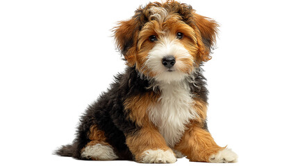 Adorable tri-colored puppy sitting on black background isolated on transparent background