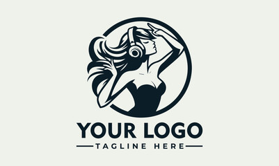 Vector logo design featuring a stylized woman in a circle with headphones and music elements on a clean background.