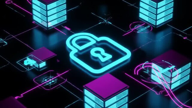 Cyberpunk style digital security concept with glowing blue padlock icon and networked servers on a black backdrop, highlighting data protection.