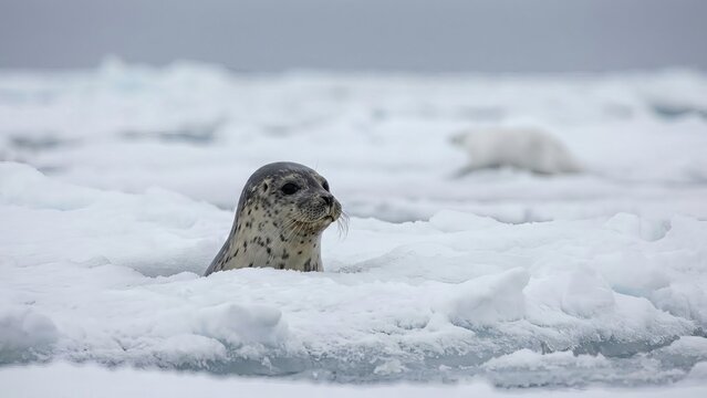 Spotted seal cautiously emerging from a hole in the arctic sea ice, observing a polar bear resting in the blurred background on a cold, overcast day, depicting predator-prey dynamics