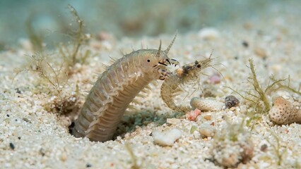 Bobbit worm emerging from its burrow, grasping a small shrimp with its powerful jaws, demonstrating a swift ambush predator attack in the shallow sandy marine environment