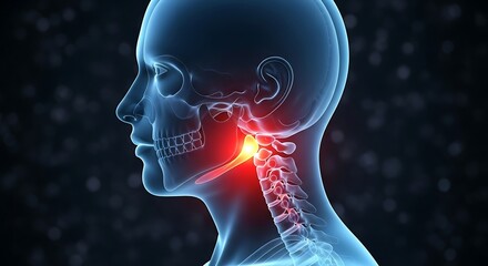 Medical Illustration of Human Skull with Glowing Red Area Representing Jaw Pain or TMJ Disorder