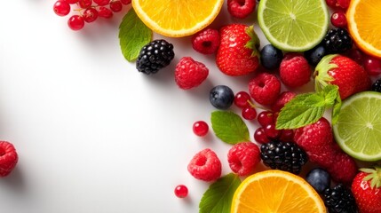 Fresh Mixed Fruit Arrangement with Assorted Berries and Citrus on a White Background