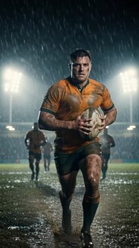 Vertical video of a rugby player running with the ball in heavy rain at night. Intense male athlete sprinting in a stadium covered in mud. Dramatic sports competition concept