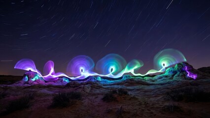 Alien world nightscape with multiple planets and moons, vibrant aurora pillars and nebula light reflecting on still water, bioluminescent flora glowing on rocky shores