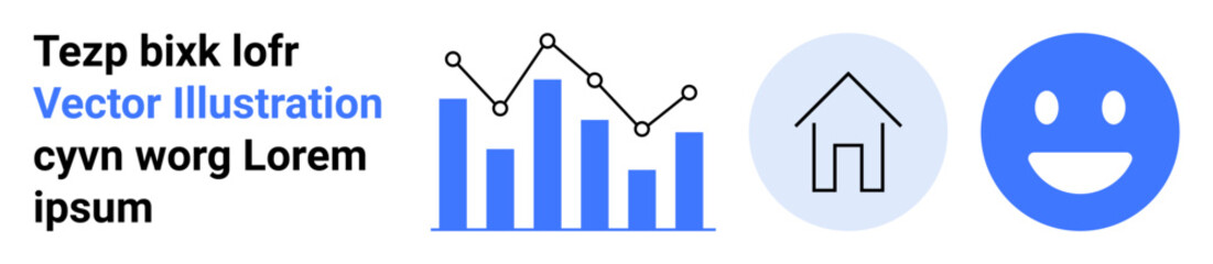 Fototapeta premium Data visualization, home-based scenarios, digital design, user experience, analytics, modern graphics. Bar chart with line graph, house outline and happy face icon. Data visualization and home-based