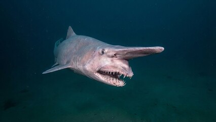 Goblin shark, a rare species of deep sea fish, showing its distinctive elongated snout and sharp, protrusible teeth while navigating the dark ocean depths