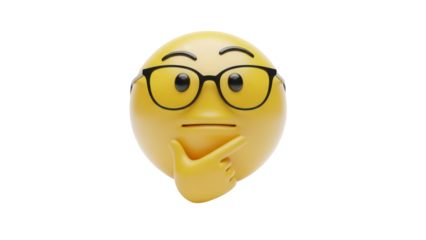 Pensive yellow emoji with glasses isolated PNG on transparent background, thoughtful face with hand on chin for social media and design
