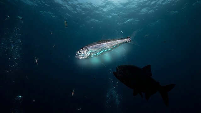 Deep sea lanternfish escaping from a large predator, using bioluminescence to camouflage against the faint light filtering from the ocean surface, creating a survival scene