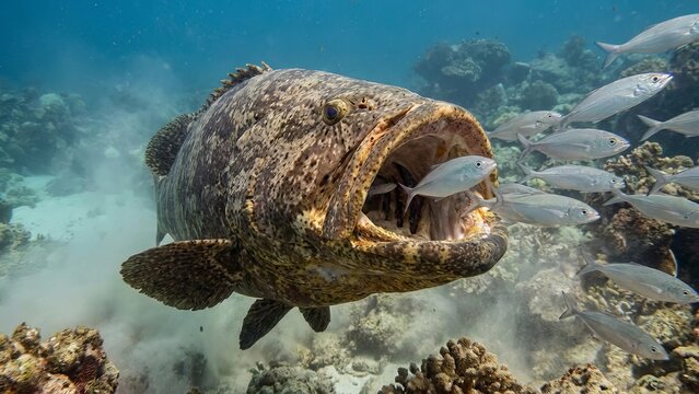 Goliath grouper fish is actively hunting, opening its massive mouth widely to engulf a school of smaller prey fish, demonstrating predator-prey dynamics in the marine food chain