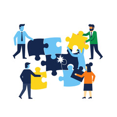 Four diverse business characters successfully assemble a complex jigsaw puzzle in a vibrant 2D flat vector illustration symbolizing successful teamwork and solution finding.