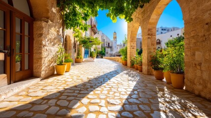 Historic European Courtyard with Stone Flooring and Vibrant Greenery in Sunlight