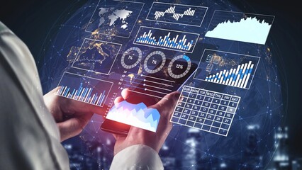 Futuristic Businessman Analyzing Financial Data and Charts on Smartphone with Global Background and Digital Graphics Displayed Around Him Gluon.