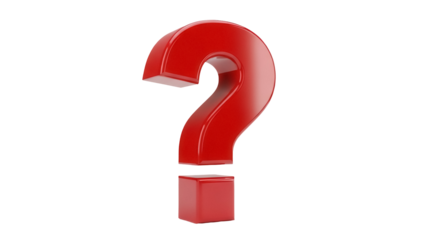 Shiny red question mark isolated PNG on transparent background, symbol of uncertainty and inquiry for graphic design