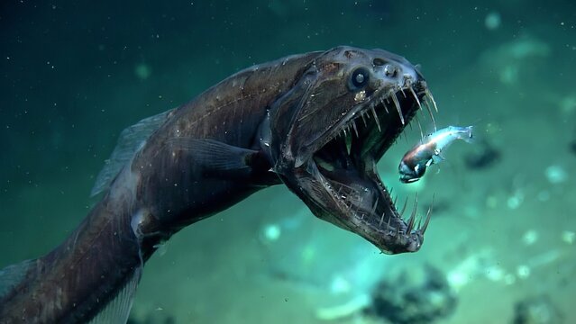Deep-sea dragonfish capturing and swallowing a smaller fish in its large mouth with sharp fangs, showcasing extreme predator-prey dynamics in the dark, mysterious ocean depths