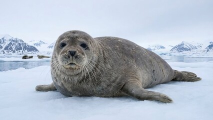 Obraz premium Ringed seal, a marine mammal, emerging from icy water onto a muddy shore, displaying its curious nature with wide eyes and prominent whiskers in a focus on arctic wildlife and harsh environment