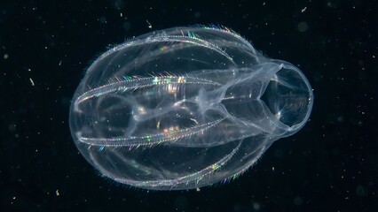 Ctenophore drifting in dark ocean water, translucent body and shimmering iridescent ciliary rows creating a graceful, bioluminescent glow against a black background