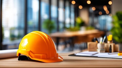 Industrial Safety Compliance Review Desk with Construction Helmet and Inspection Materials