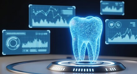 3D Hologram of a Digital Tooth on a Tech Pedestal with Analytical Medical Interface Background