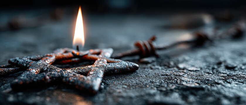 4K International Holocaust Remembrance Day Star of David with Burning Candle and Barbed Wire