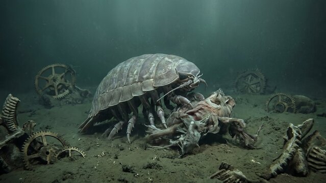 Giant isopod scavenging and feeding on decaying organic matter on the seabed, surrounded by scattered industrial steampunk gears on the dark ocean floor, depicting deep sea life and decay