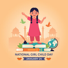 Colorful flat design illustrating National Girl Child Day featuring a smiling girl, books, globe, and flying birds. Perfect for educational campaigns, social media awareness.