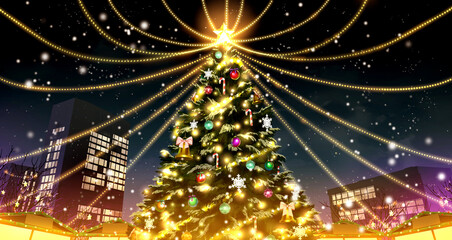 Christmas Market Tree with Night Lights - Anime Background.	