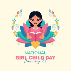 National Girl Child Day greeting card and social media template. girl with a book and floral elements. Vector concept