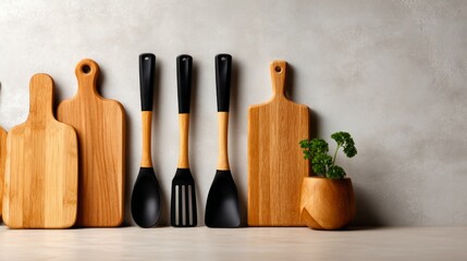 Stylish Kitchen Utensils on Flat Surface with Spatulas, Knives, and Cutting Boards