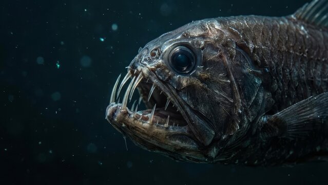 Fangtooth fish with large fangs and open mouth swimming near a translucent jellyfish, illustrating deep-sea marine life, predator behavior, and ocean wildlife in dark water