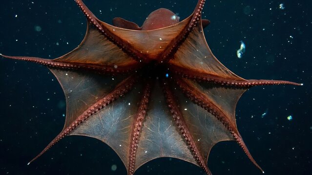 Vampire squid (vampyroteuthis infernalis) with deep red coloration and prominent blue eyes navigating the dark blue deep sea, showcasing its unique webbing and eight arms during movement