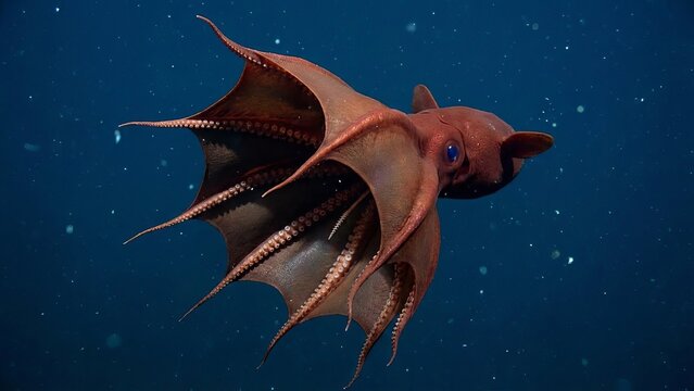 Vampire squid (vampyroteuthis infernalis) with deep red coloration and prominent blue eyes navigating the dark blue deep sea, showcasing its unique webbing and eight arms during movement
