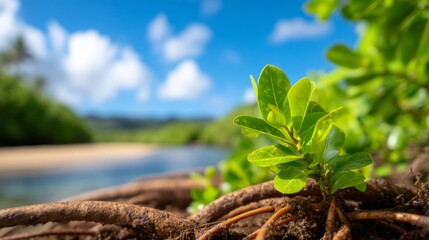Intricate Aerial Roots of Mangrove Trees Near Calm Water Under Clear Blue Sky