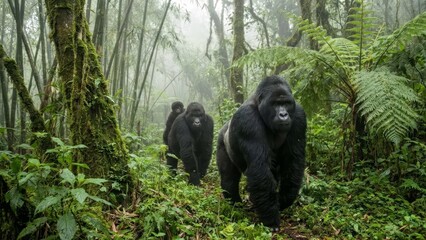 Obraz premium Group of endangered mountain gorillas, including a silverback, walking carefully on all fours through the thick, misty bamboo rainforest undergrowth in their natural habitat