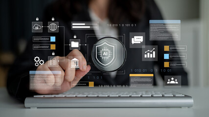 A professional interacts with a high-tech interface showcasing AI security features, focusing on data protection and management in a modern business environment. Gantry