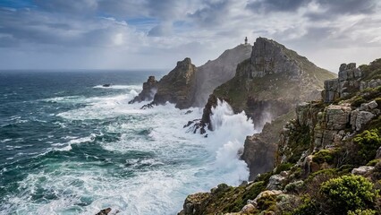 Cape point lighthouse stands on a rugged south african coastline, with dramatic stormy ocean waves forcefully crashing against the steep rocky cliffs and shore under an overcast sky