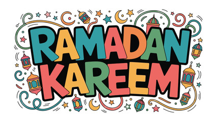 Ramadan Kareem: Vibrant Calligraphy and Festive Elements: A colorful graphic illustration featuring the greeting Ramadan Kareem, adorned with festive elements such as lanterns, stars.