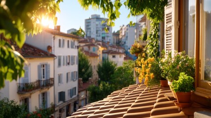 Timeless Morning Light Over European Old Town with Cozy Rooftops and Vibrant Flowers