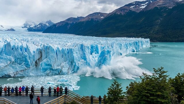 Tourists observing the massive perito moreno glacier calving into lago argentino, illustrating the dynamic processes of a major patagonian ice formation and the impact of climate change