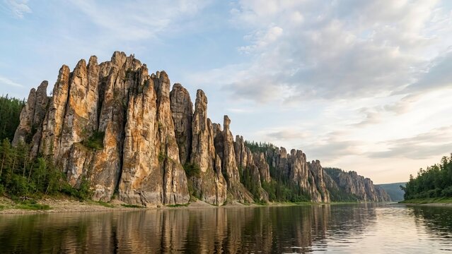 Lena pillars natural park rock formations lining the lena river, reflecting in the calm water under a cloudy sky, showcasing the unique siberian wilderness and unesco world heritage site