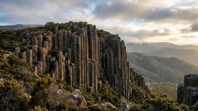 Organ pipes, a unique columnar jointing basalt rock formation, forms prominent cliffs on mount wellington, offering a dramatic natural landscape view across the tasmanian mountains