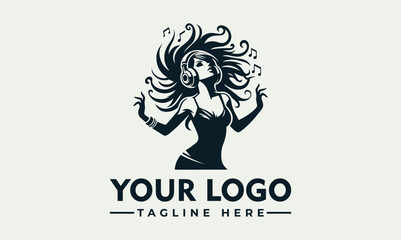 Vector logo design featuring a woman with flowing hair and raised hands on a light gray background with space for a company name and tagline.