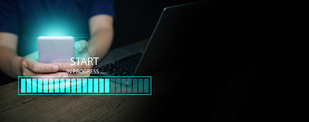 A man with a smartphone and a laptop starts the process with a digital progress bar loading, Workflow execution, step tracking, system loading, project stages, productivity, and business technology.