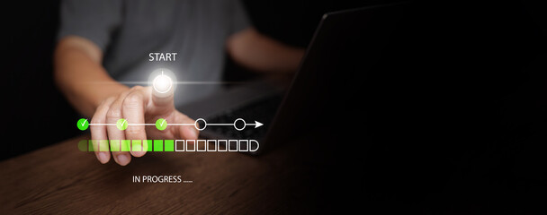 Man with laptop pressing start button with digital progress bar showing task completion stages, project workflow, process tracking, loading status, productivity, and business management concept.